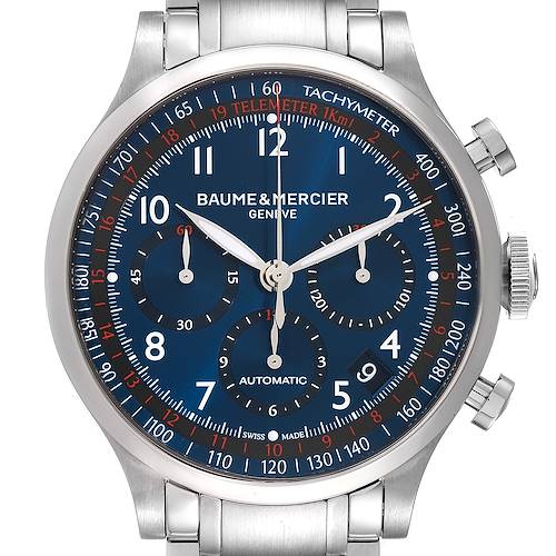 Photo of Baume Mercier Capeland Blue Dial Chronograph Steel Mens Watch 10066 Box Card