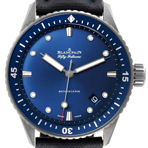 Photo of Blancpain Fifty Fathoms Bathyscaphe Ceramic Blue Dial Mens Watch 5000 Box Card