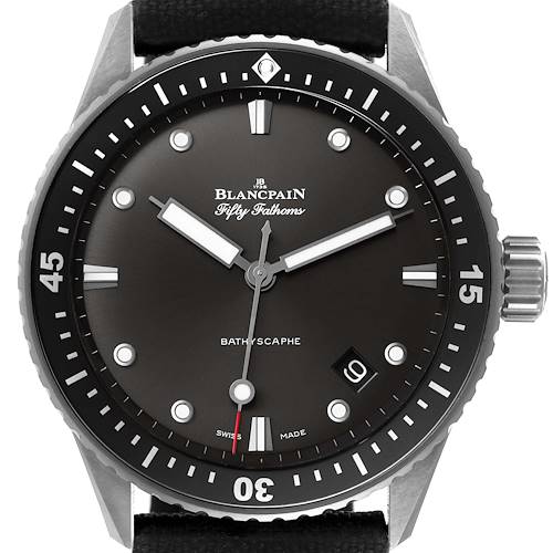 Photo of Blancpain Fifty Fathoms Bathyscaphe Ceramic Gray Dial Mens Watch 5000 Box Card