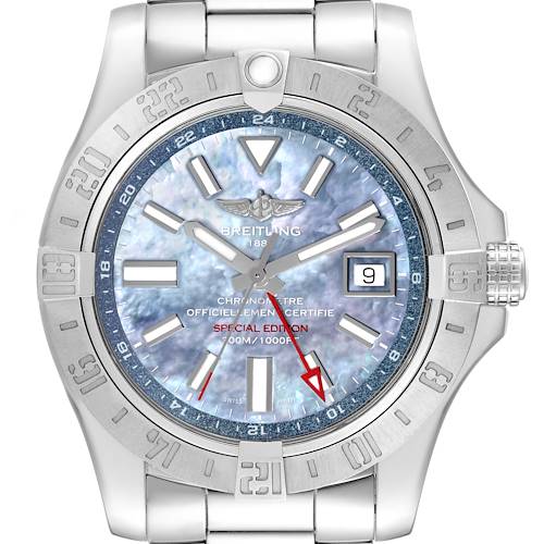 Photo of Breitling Avenger II GMT Blue Mother of Pearl Dial Steel Mens Watch A32390 Box Card