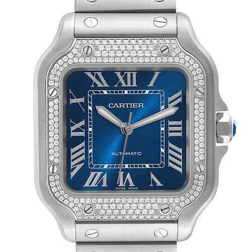 Photo of Cartier Santos Blue Dial Diamond Steel Mens Watch W4SA0006 Box Card