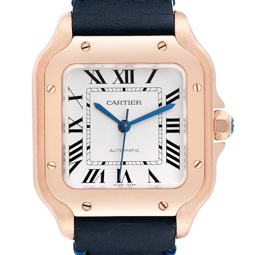 Photo of Cartier Santos Midsize Rose Gold Blue Strap Mens Watch WGSA0012 Box Card