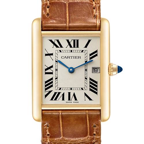 Photo of Cartier Tank Louis Yellow Gold Leather Mens Watch W1529756 Box Card