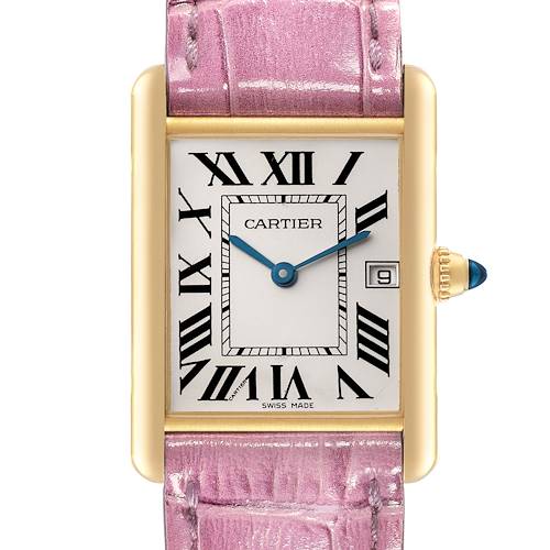 Photo of Cartier Tank Louis Yellow Gold Pink Strap Mens Watch W1529756 Box Card