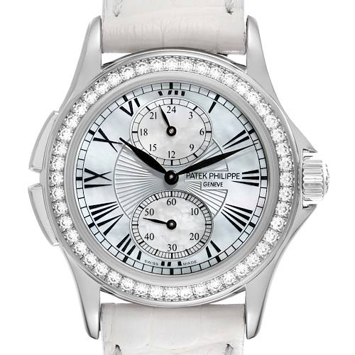 Photo of Patek Philippe Calatrava Travel Time White Gold Mother of Pearl Diamond Ladies Watch 4934