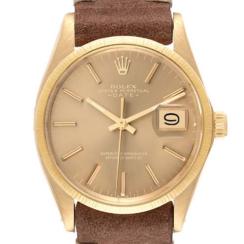 Photo of Rolex Date Yellow Gold Champagne Dial Leather Strap Vintage Mens Watch 1511