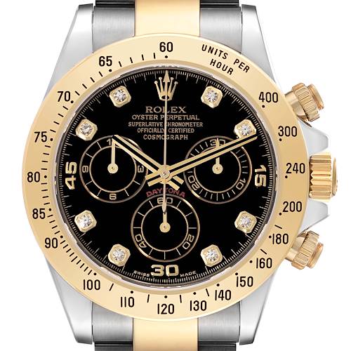 Photo of Rolex Daytona Steel Yellow Gold Black Diamond Dial Mens Watch 116523 Box Card