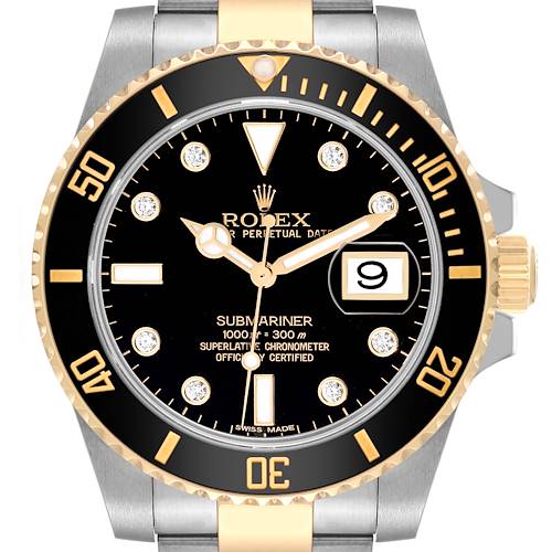 Rolex Submariner Steel Yellow Gold Black Diamond Dial Mens Watch 116613 Box Card