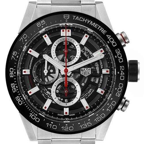 Photo of Tag Heuer Carrera Skeleton Dial Chronograph Steel Mens Watch CAR2A1W Box Card