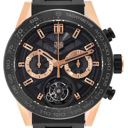 Photo of Tag Heuer Carrera Tourbillon Chronograph Skeleton Dial Titanium Rose Gold Mens Watch CAR5A5Y Box Card